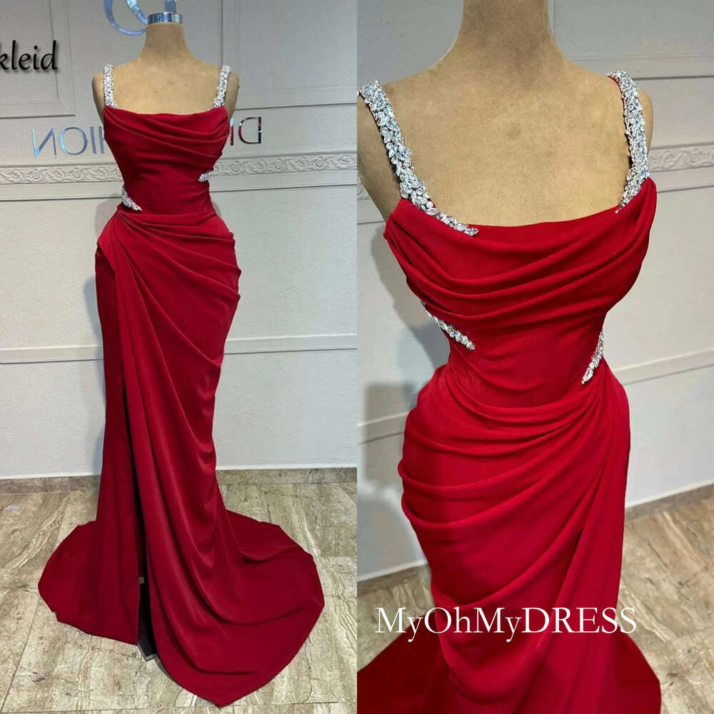 Simple Evening Dresses For Women Spaghetti Strap Sleeveless Gown Crystal Ruffles Sweep Train Dress Party Prom Custom Made D0306