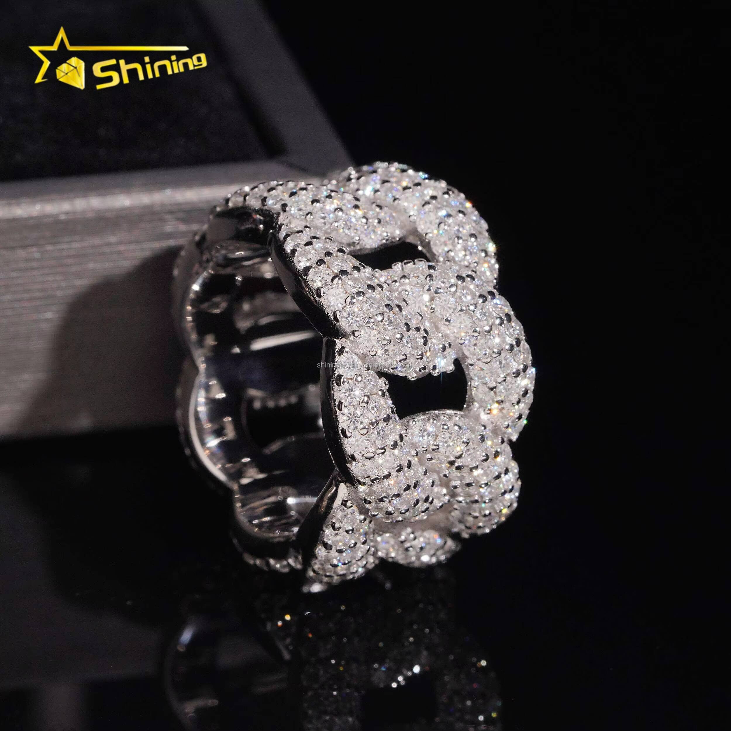 3Row Stones Moon Shape Fire Shining Jewelry Iced Out Man Jewelry Fully 925 Silver FL Moissanite Diamond Miami Cuban Band Ring
