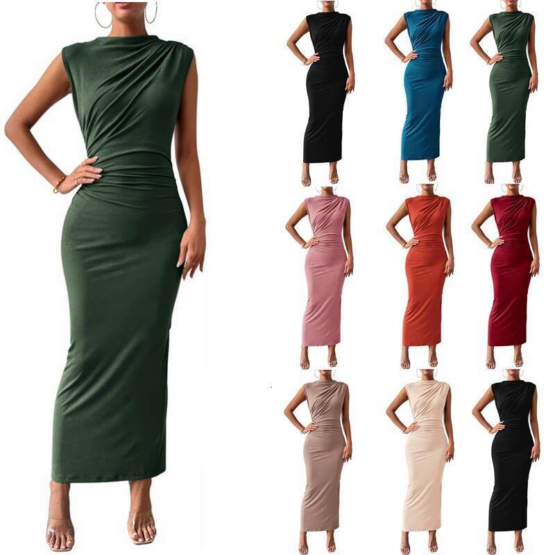 2026 European and American foreign trade cross-border women's clothing spring/summer hot-selling sleeveless back-slit pleated bodycon dress