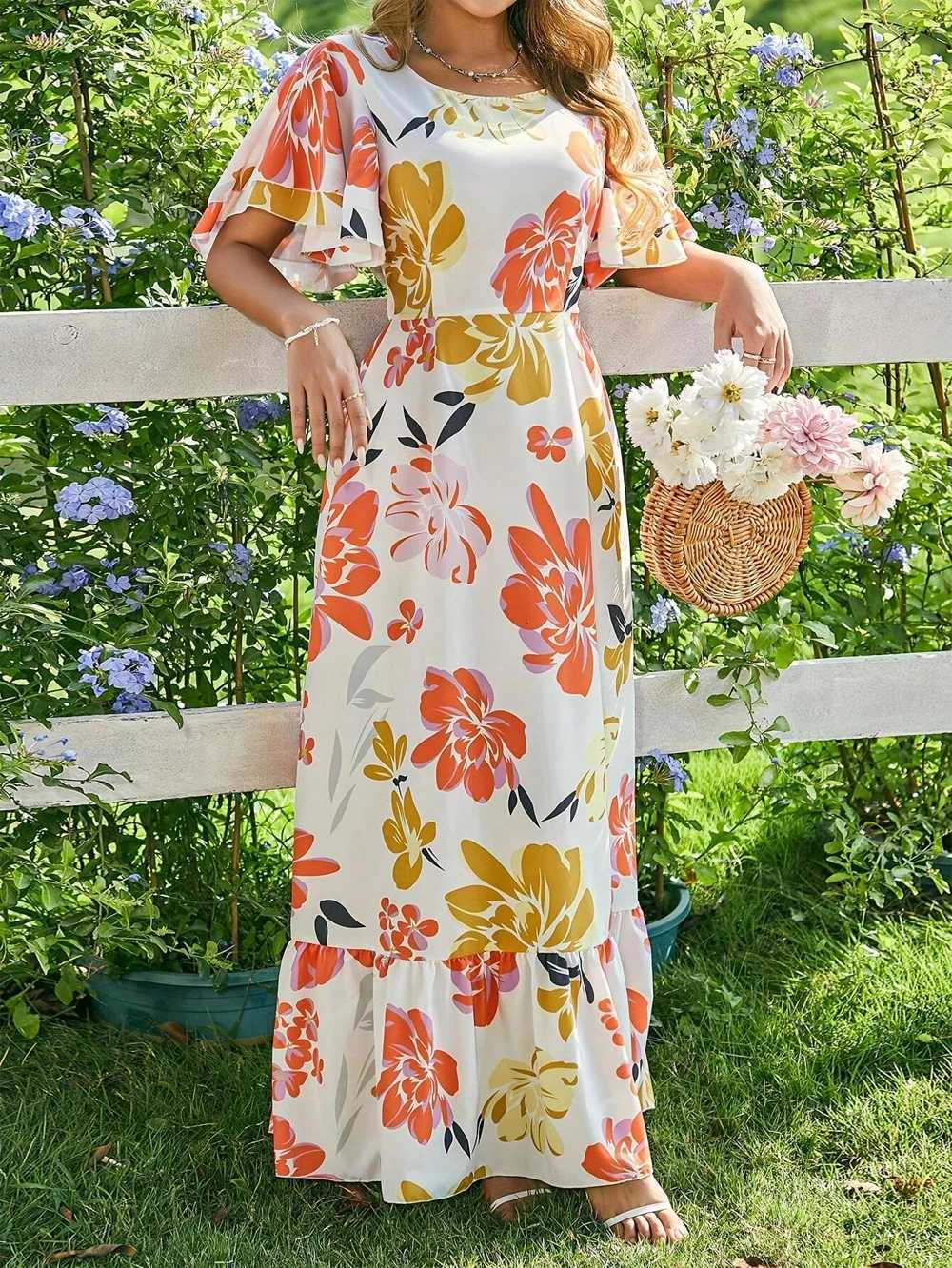 Womens French print frilly short sleeve crew neck dress and floor holiday beachwear X260306