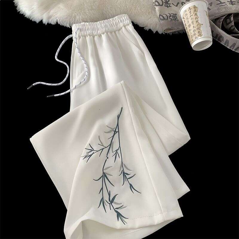 Women Spring Summer Thin New Chinese Style Bamboo Embroidered Suit Pants Loose Straight Wide Leg Casual Trousers Fashion Asia Size