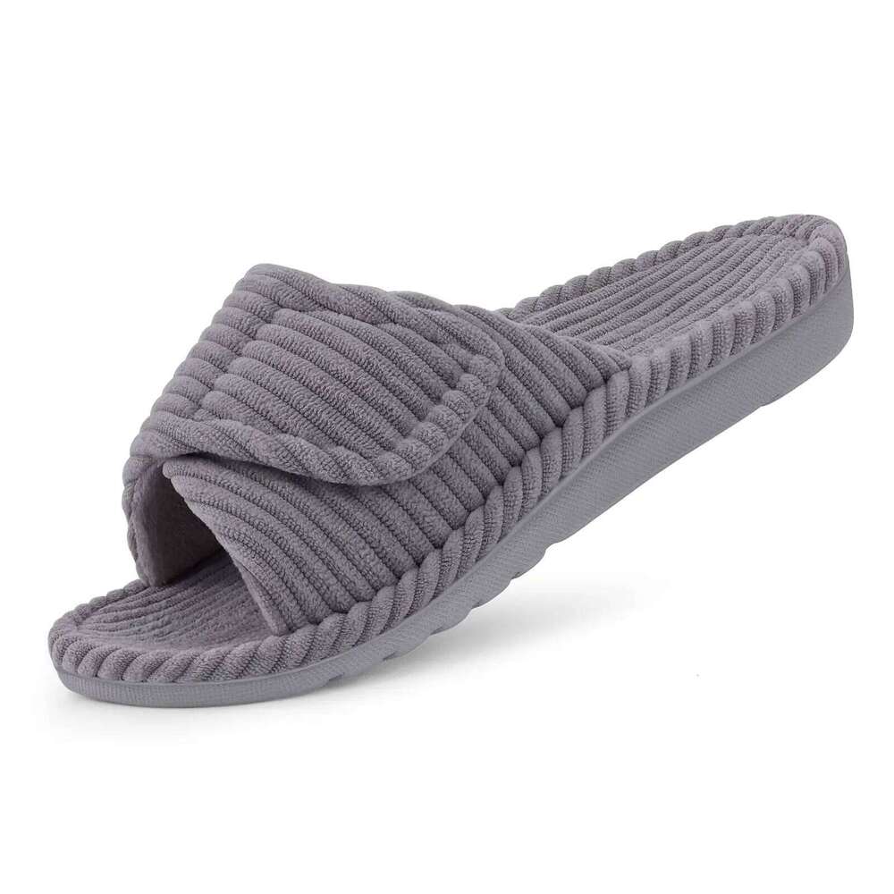 Litfun Open Toe House Slippers For Women New Corduroy Indoor Flat Slides With Adjustable Strap Four Season Lady Orthopedic Shoes
