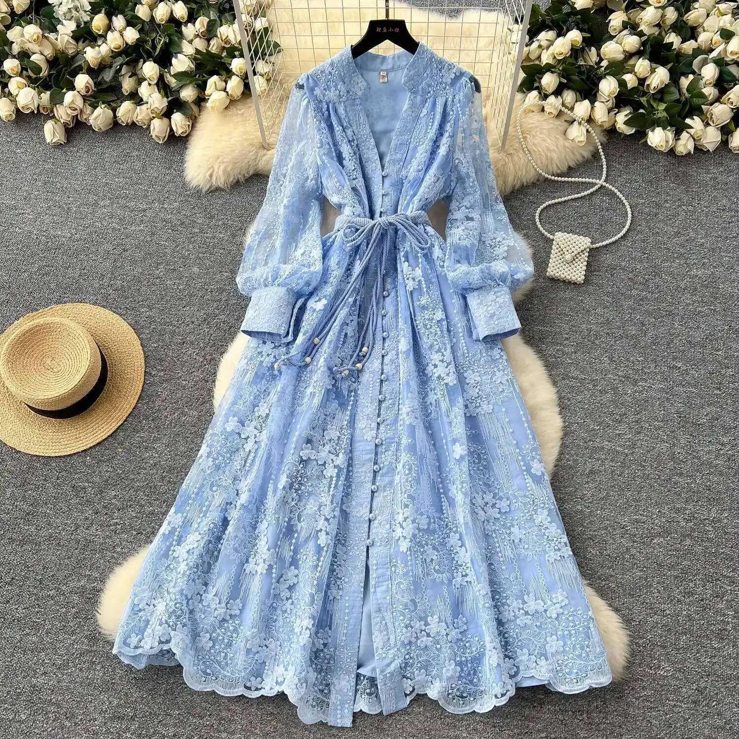 Luxury Embroidery Formal Dresses Women Summer Autumn Lantern Long Sleeve Lace Vestidos Pearl Prom Evening Birthday Dress Party X260306