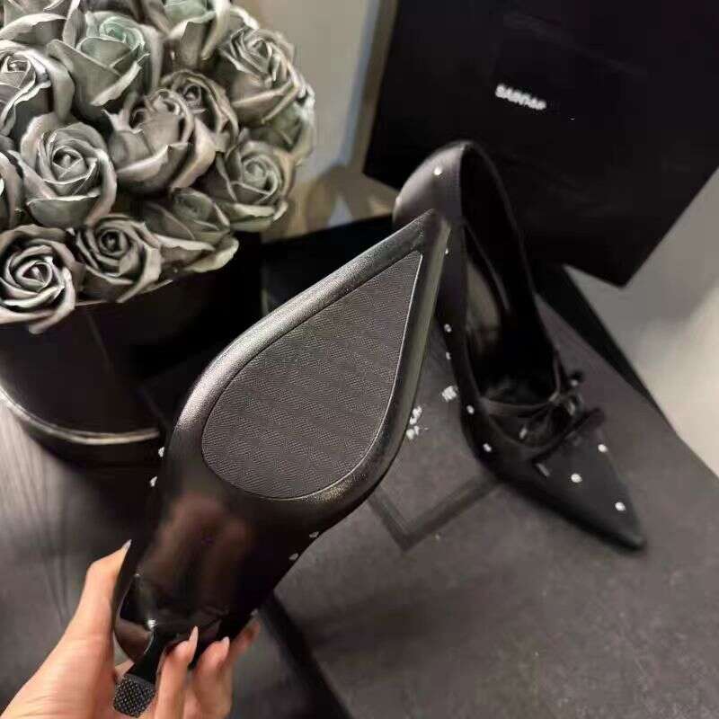 Women 2026 High End Dot French Style Bow Square Toed Black Rhinestone Single Women S Shoes New High Heels