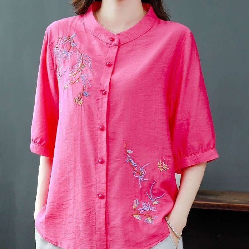Cotton Linen Embroidered irt ort Sve Women's Summer Faion Loose Fit Versatile Trendy Top for Commute Office, casual loose new Chinese style top