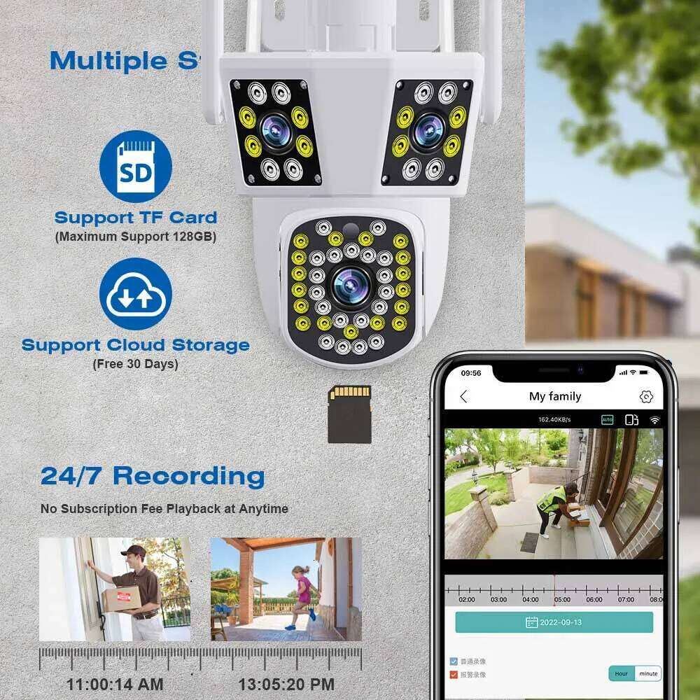 WIFI IP 6K 12MP HD Three Lens PTZ Outdoor Motion Detection Security Camera Waterproof Surveillance 26W0306