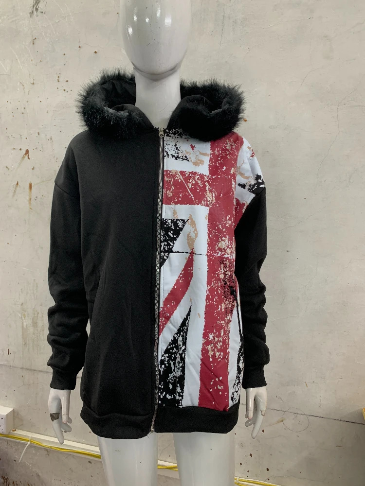 Leather Collar National Flag Printed Zipper Sweatshirt Long Sleeve Pullover Hoodie Retro Jacket Street Y2K Haircoat 260303