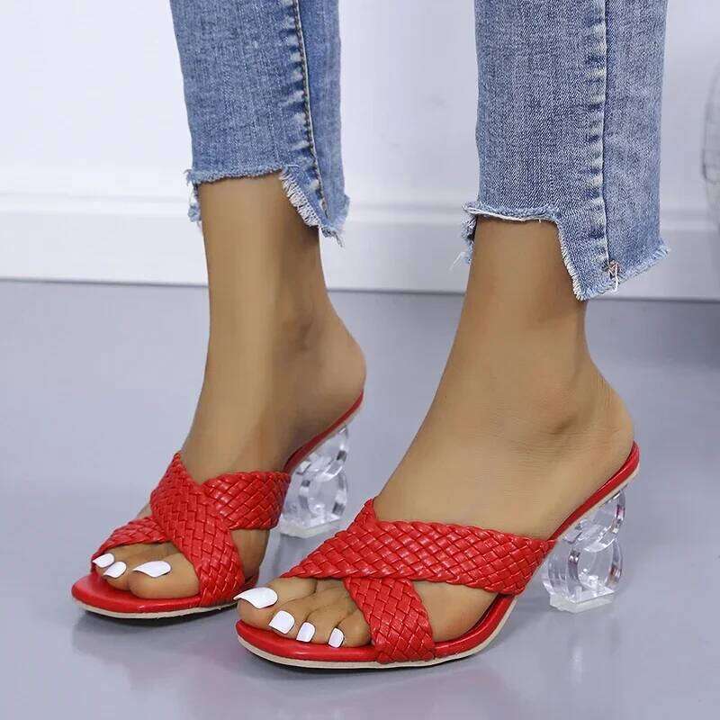 Transparent Strange High Heels Sandals Women Summer 2021 Plus Size Weave Female Slippers Fashion Yellow Open Toe Slides