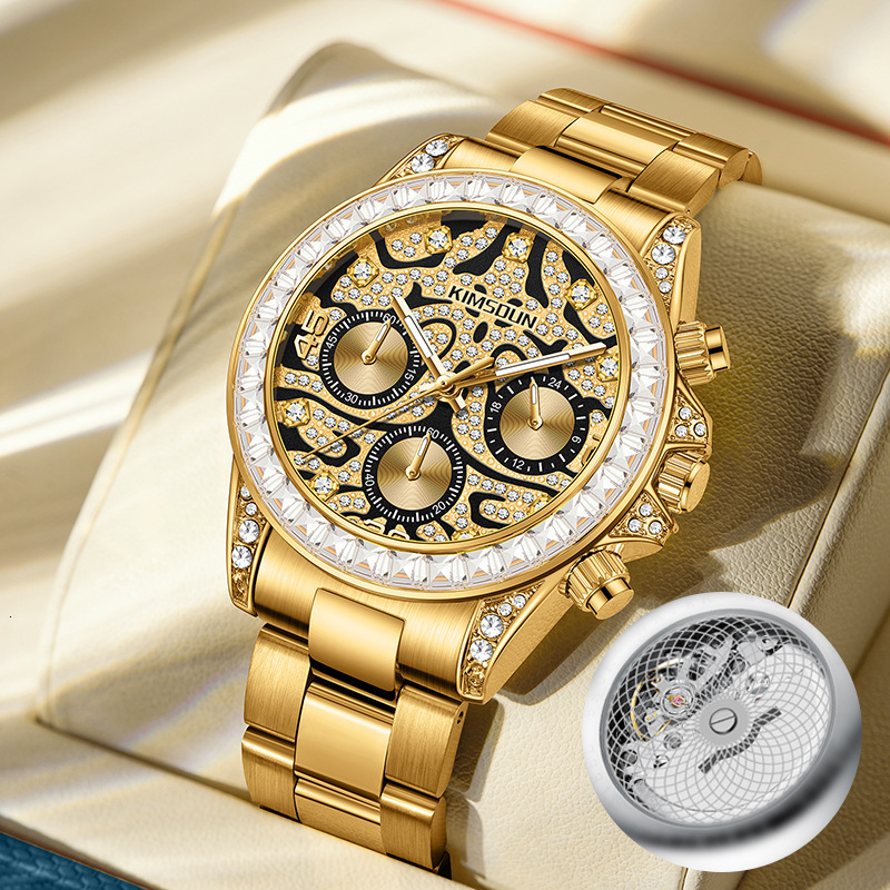 Designer Luxury Gold Tone Men Watch Moissanite Dial Fashion Dress Style Waterproof Luminous Quartz Wristwatch Best Gift for Men Relogio