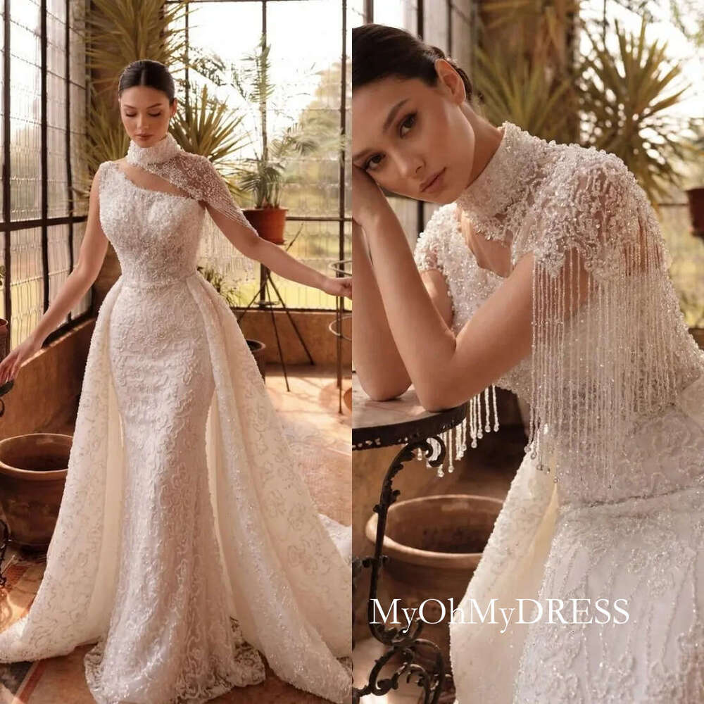 Designer Mermaid Wedding Dress High Collar Sleeveless Bridal Gowns Sequins Lace Detachable Train Dresses Custom Made Vestidos De Novia D0306
