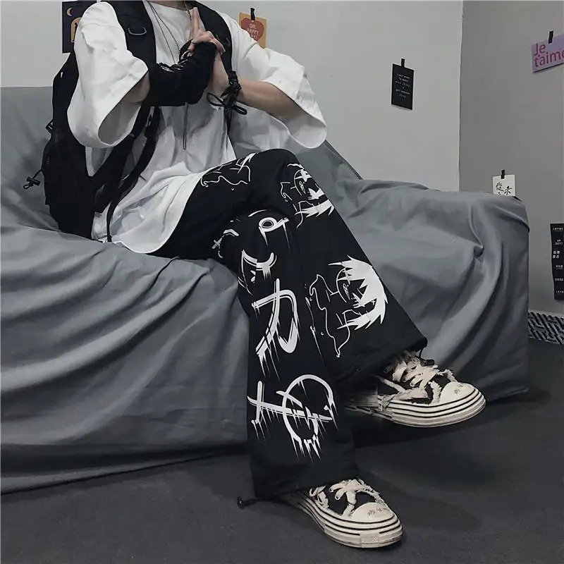Black Japenese Printed Anime Y2k Sweatpants Male Streetwear Wide Leg Oversize Baggy Pants Casual Sport Causl Trousers Men 260303