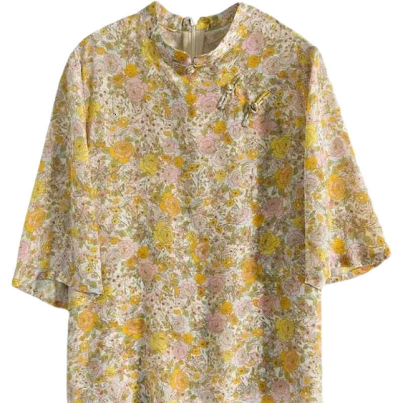 Hot Chinese Style Chi-pao Collar Design Button Tops 2024 Summer Women Date Girls Yellow Floral Print Retro Shirt Blouse Vintage