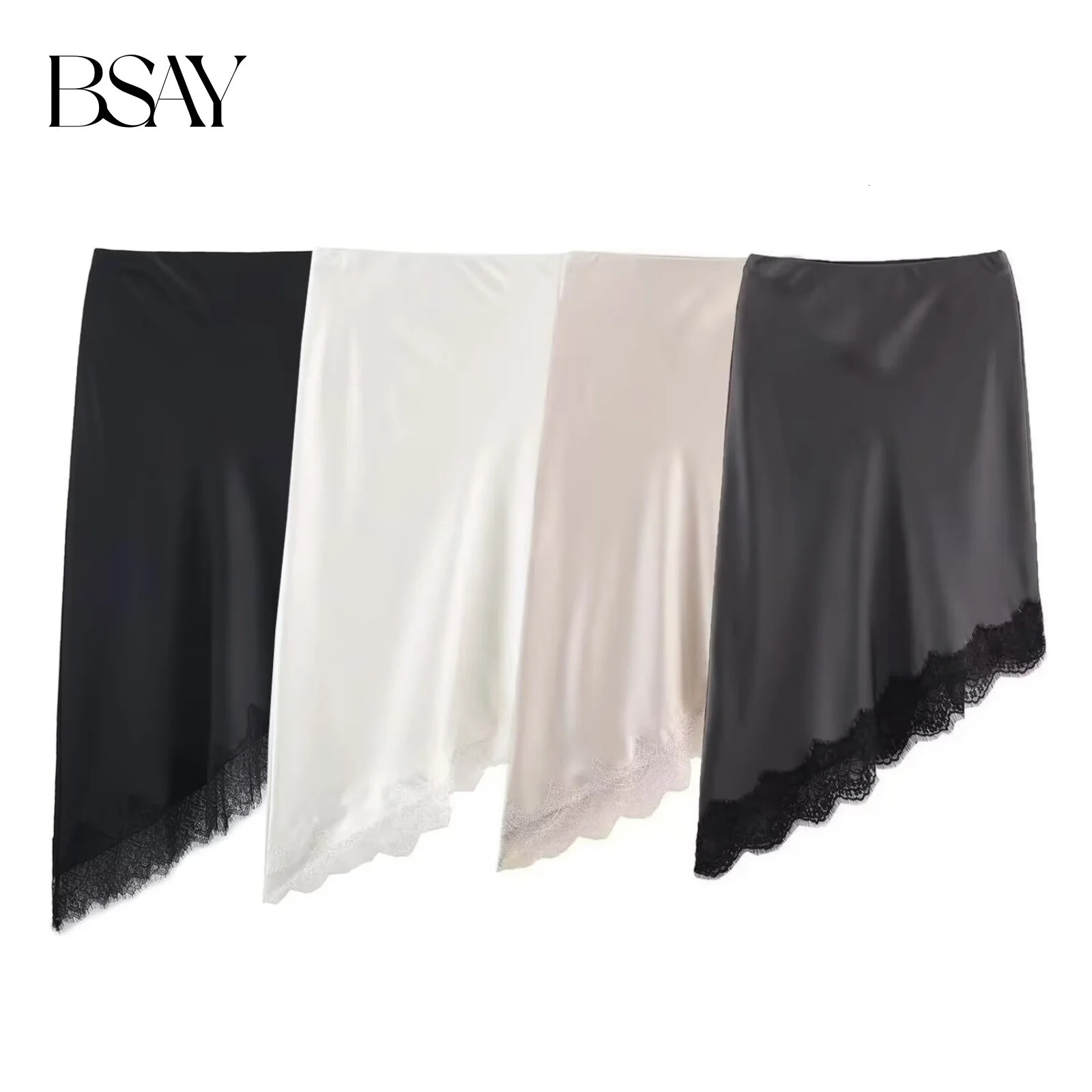 BSAY Lace Asymmetry Satin Texture Skirt Women Fashion Autumn Winter Solid Chic Female High Waist Elegant Skirts Mujer 260306