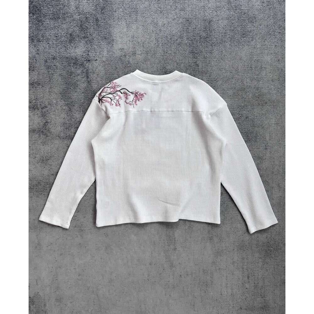 European and American cross-border Amazon plum blossom embroidered T-shirt for men, high street style, loose fit, casual, white, round neck, long slee