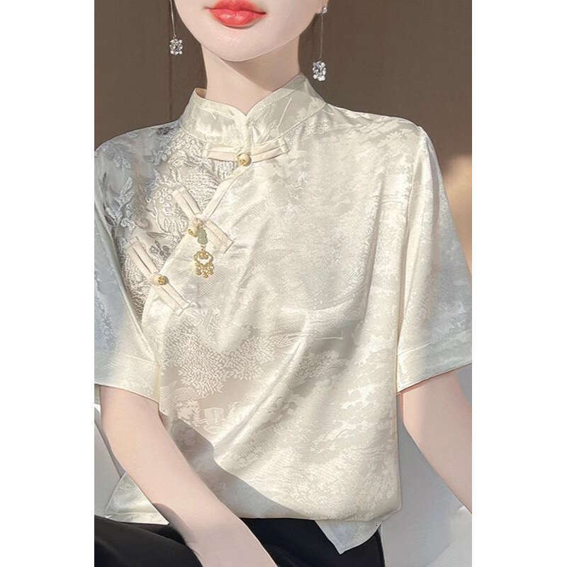 Spring Women Fashion Short Sleeve Shirt Retro Lady Leisure Cardigan Satin Outwear 2025 Femme Stand-up Collar Jacquard T-shirt Embroidery Jacquard Qipa