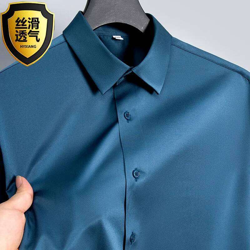 Summer white glossy non ironing shirt, men's wrinkle resistant ice silk casual high-end seamless business shirt