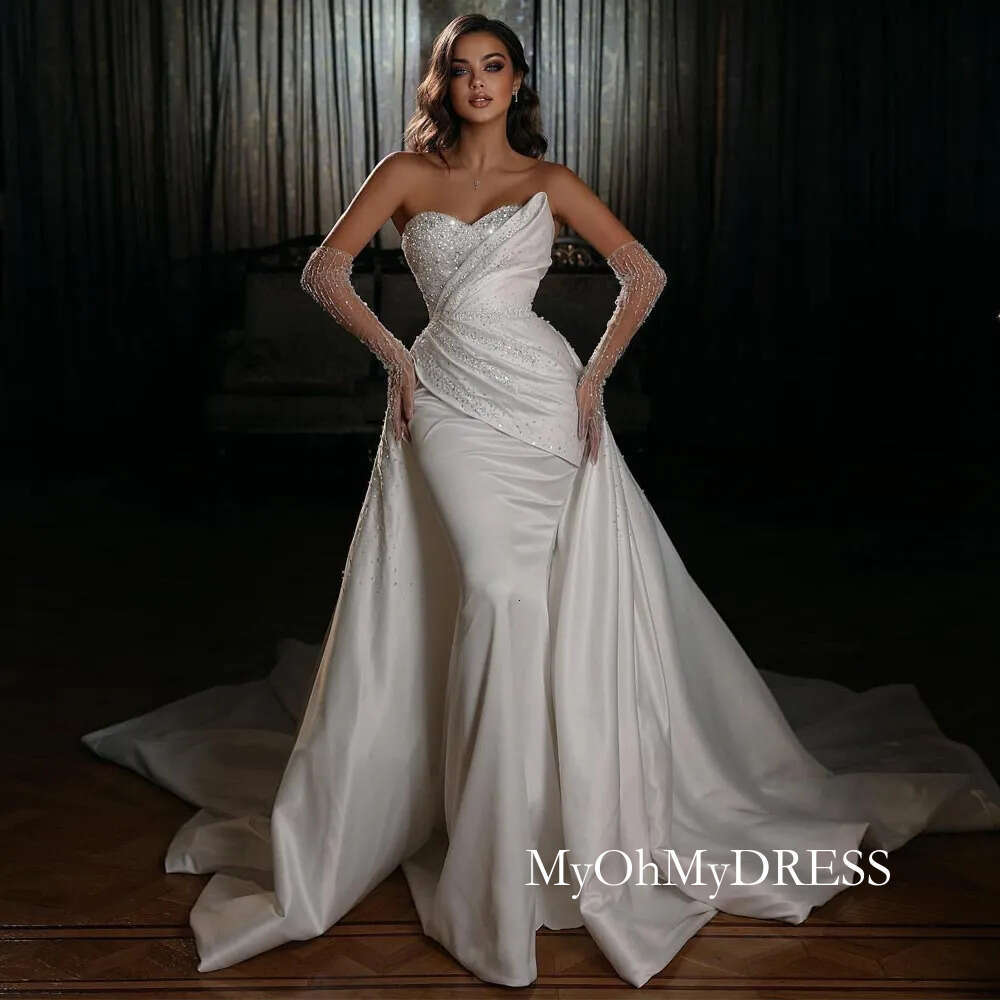 Charming Mermaid Wedding Dresses Beaded Bridal Gowns With Detachable Train Sequined Sweetheart Neckline Satin Plus Size Vestido De Novia D0306