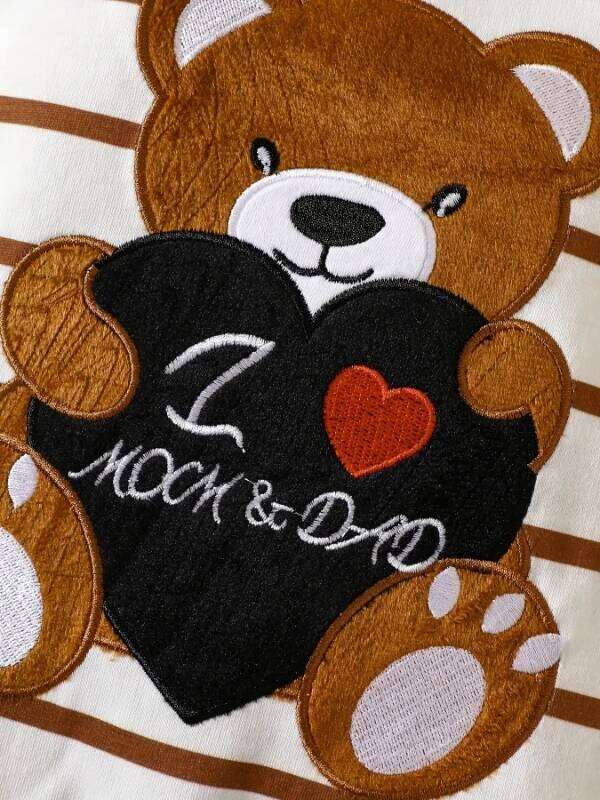 "Korean-Style Baby Romper | Brown White Striped Onesie with Bear-Holding-Heart Embroidery - 'I Love Mom & Dad' Themed" Z260306