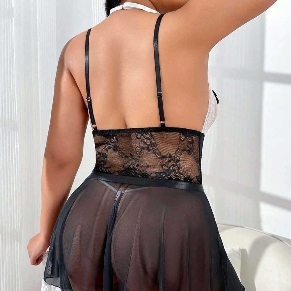 Women Black & White Lace Maid Costume with Deep V-Neck & Bow Details Sexy, Elegant & Perfect for Role Play, Party or Photo Shoot