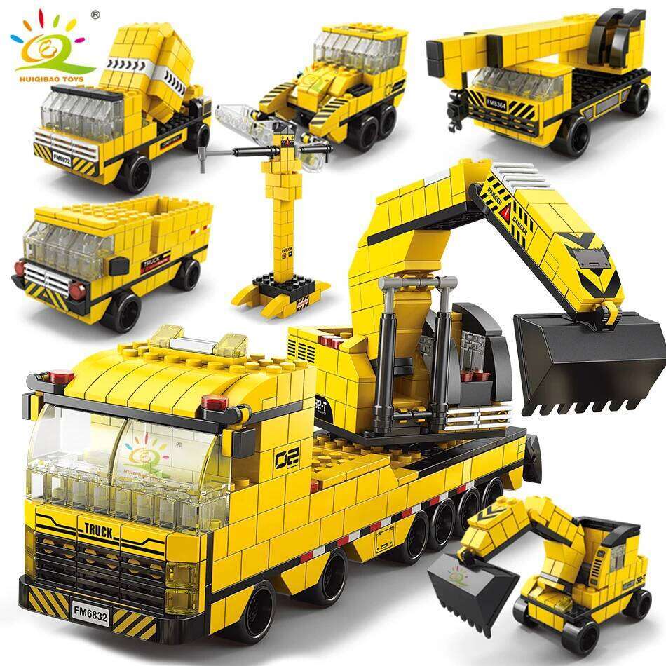 HUIQIBAO 1000pcs 6in1 Engineering Crane Truck Building Blocks City Construction Bricks Bulldozer Car Set For Children Kids TOYS Z260306