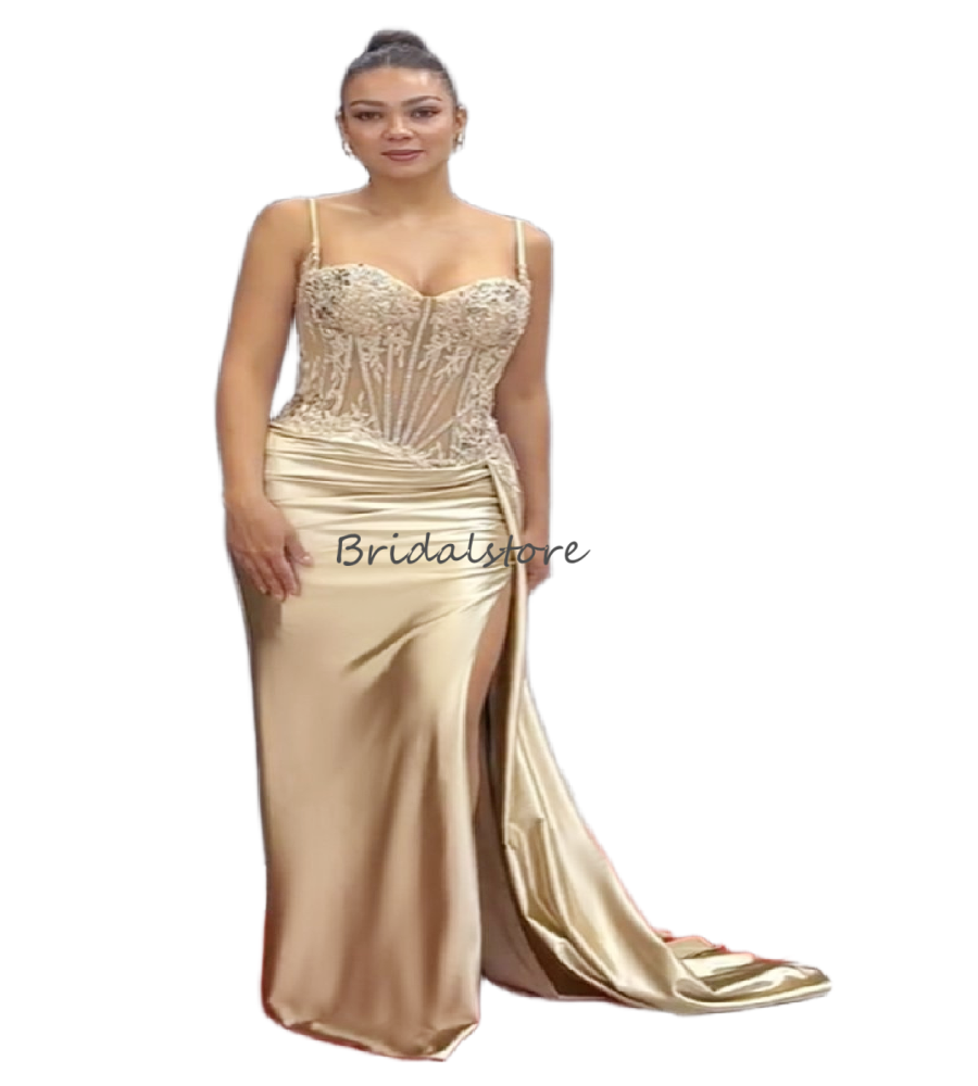 Ethereal Green Satin Prom Dresses With High Slit Plus Size Spaghetti Straps Lace Evening Gowns 2026 Outdoor Garden Formal Party Vestio De Gala Elegant