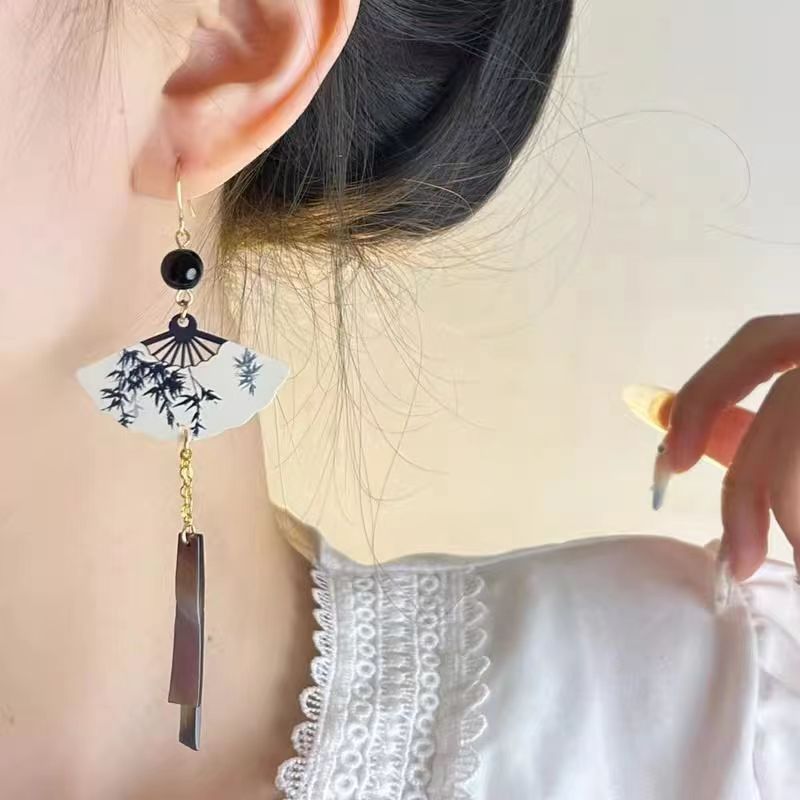 Steel Fun Jewelry New Chinese Style Fan Shell Pendent Long Tassel Dangle National Style Earrings for Women Jewelry Gift