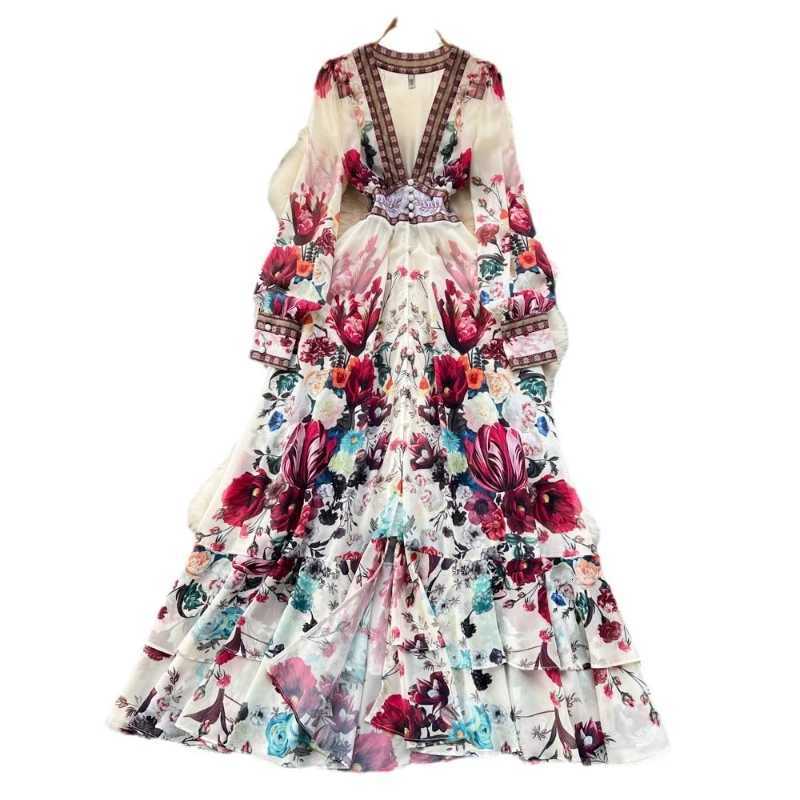 Long Dress Women Dresses Print Floral A Line Vestidos Streetwear V Neck High Waist Elegant Maxi Splice Y2k Party Club Wedding X260306