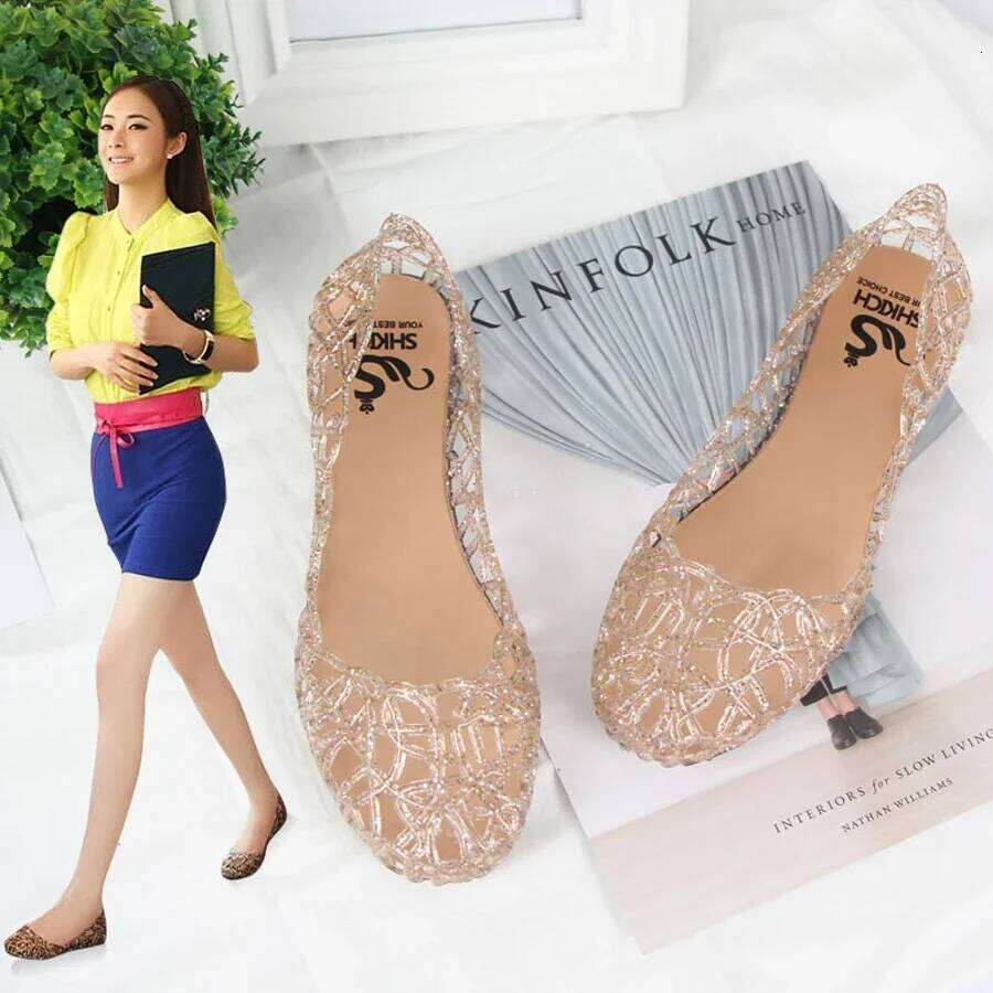 Summer women crystal clogs hollow flat-soled slip-ons shallow mouth Roman jelly shoes beach sandals