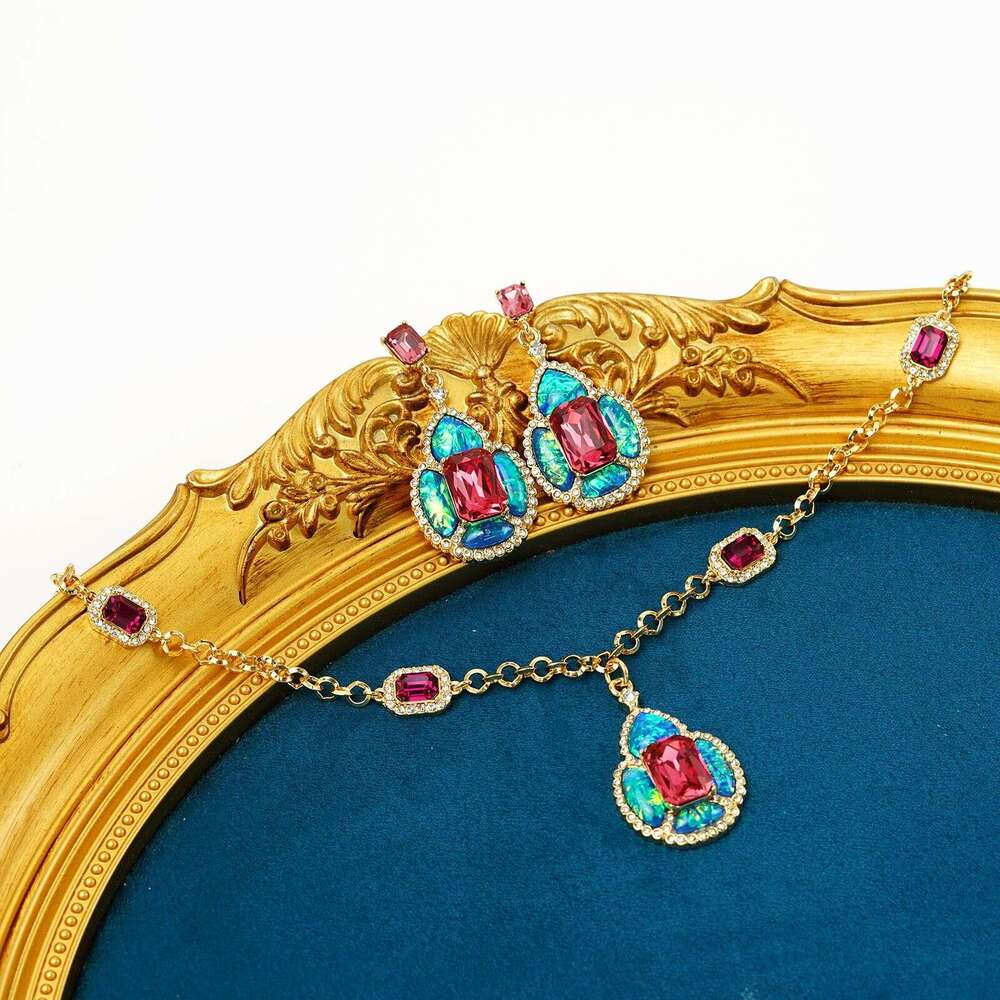 Vintage Retro Blue Platinum Resin Collarbone Chain Earrings Necklace Ring Jewelry Niche Heavy-Duty Sweater Chain High-Quality