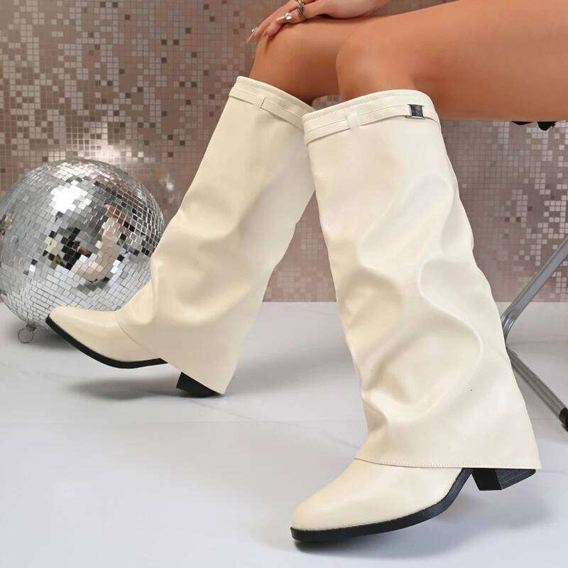 New women's soft soled, anti slip wear-resistant fashion boots with pointed buckle design for autumn and winter of 2025