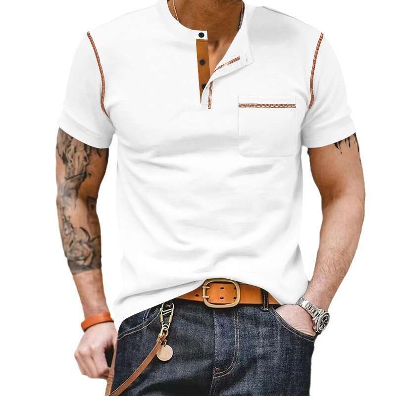 2025 European and American Cross-Border Short Sleeve Summer Foreign Trade Men's Henley Shirt Amazon Color Block T-Shirt Wholesale for Men