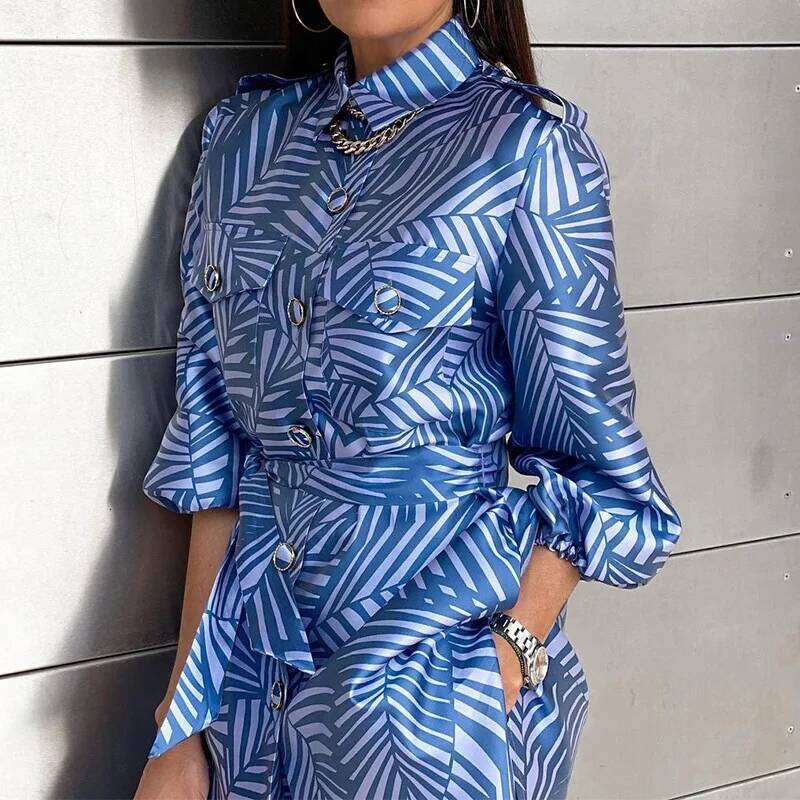 Vintage Loose Office Outfits Spring New Print Two Piece Set Women S Fashion Long Sleeve Shirt And Straight Leg Pants Party Suit MAKOUFEI