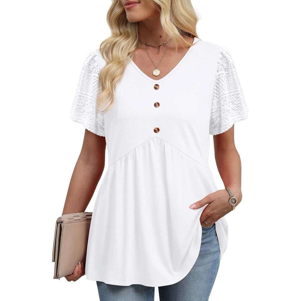 Womens Designer Summer Babydoll Short Button Down Lace Sleeve Peplum Tunic Tops V Neck T Shirts