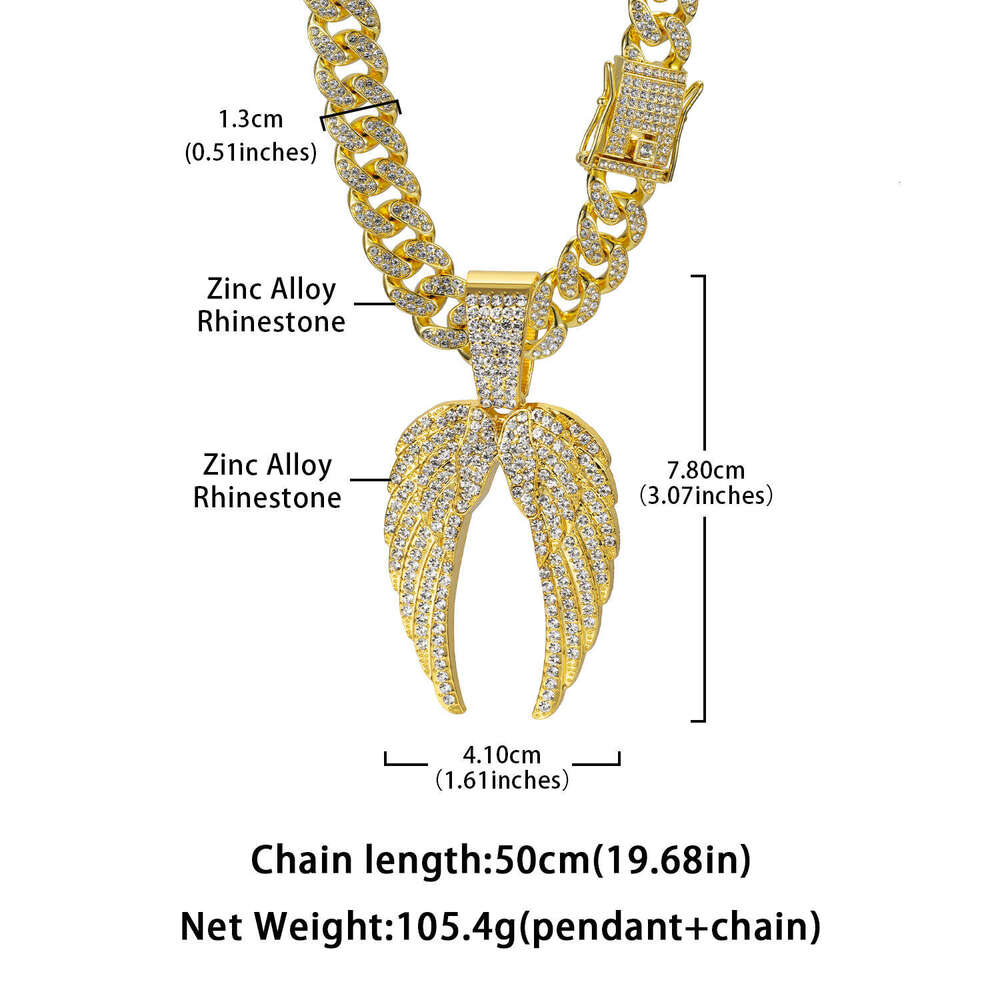 Amazon European and American Cross-Border Jewelry Hip-Hop Style Alloy Full Diamond Wing Pendant Cuban Chain High-Quality Accessories Factory