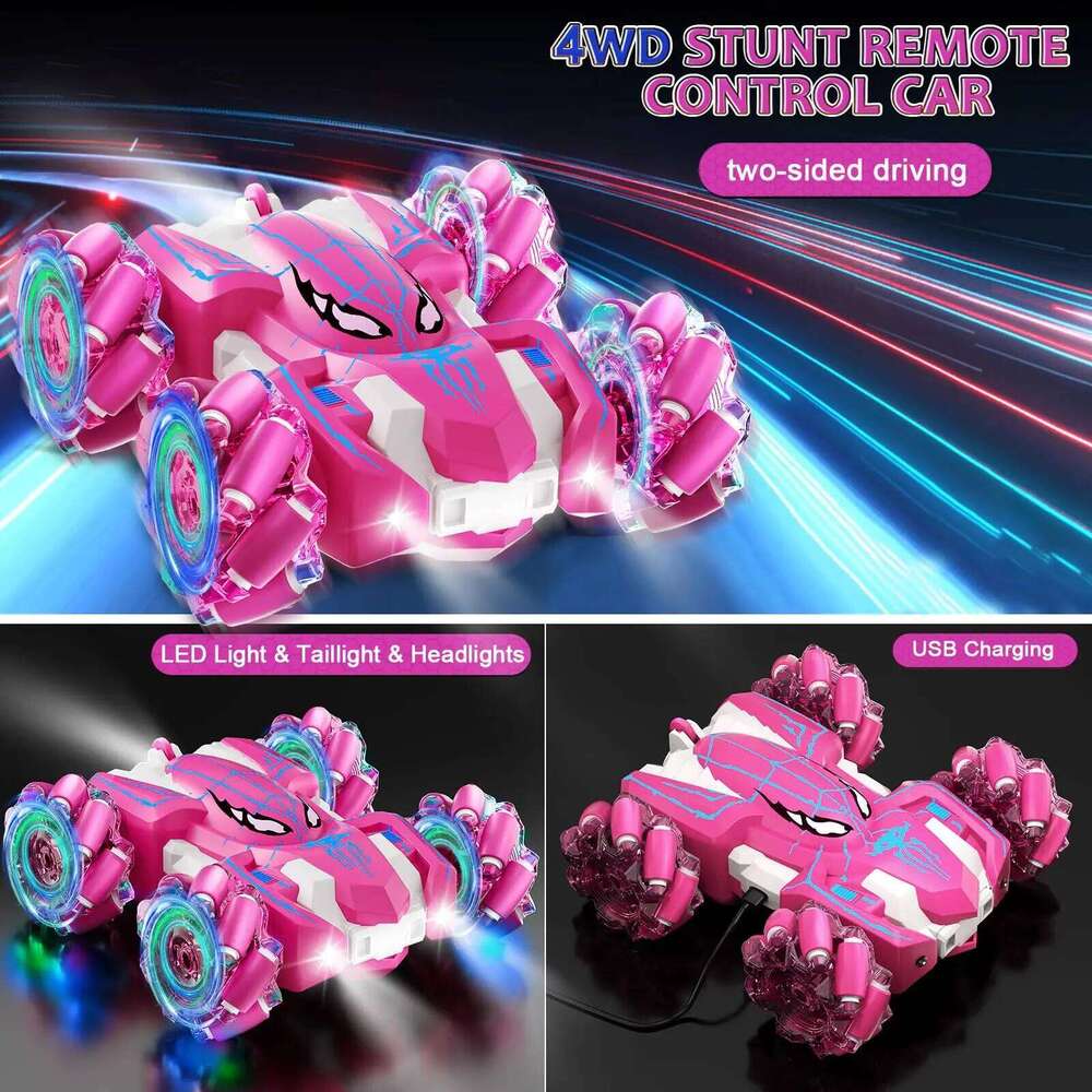 Pink LED Remote Control Stunt Car, 360 Rotation, 2-Sided Driving, Kids' Electric Toy Car for Multiplayer Games C260305