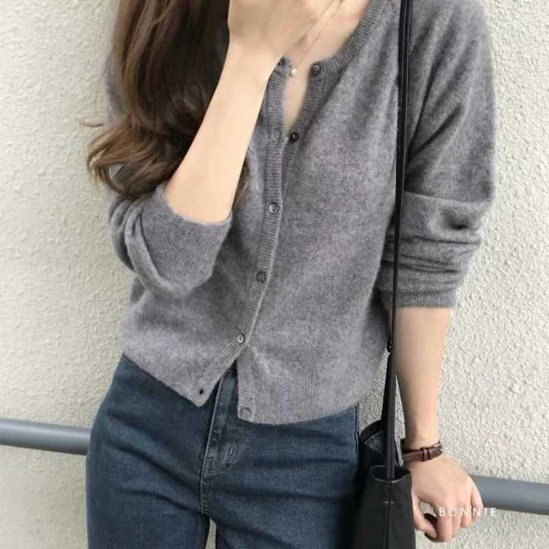 O Neck Solid Color Simple Short Loose Fit Knitted Cardigan Pring Autumn Sweet Casual Long Sleeve Sweater Jacket Women New 9053 M260306