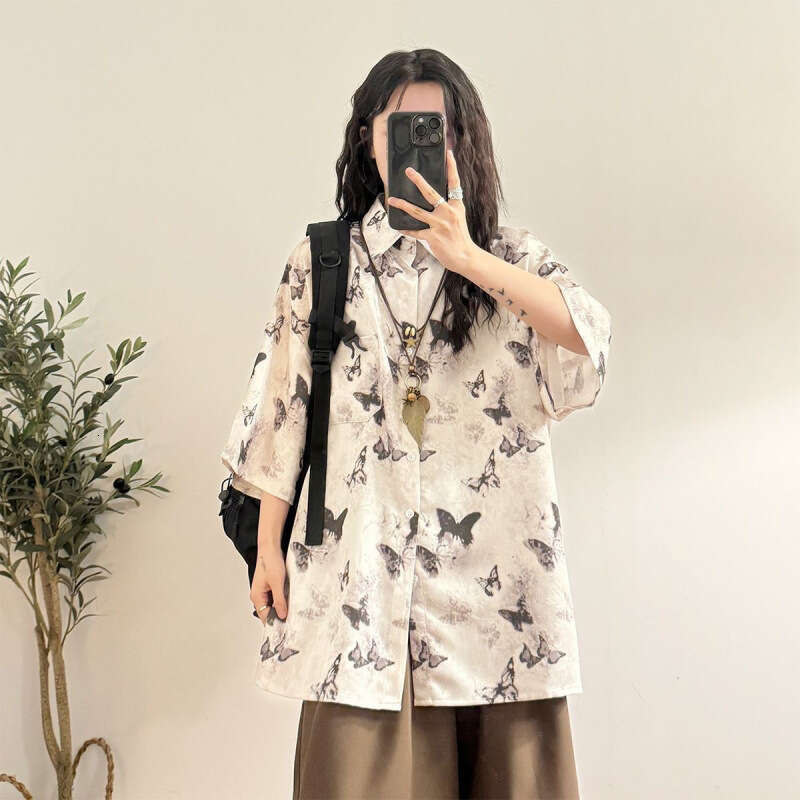 Summer CasualFashion Loose Retro Fashion Buttons Single Breasted Printing Short Sleeve Dyeing Technique Casual Hang Sensation Haome Top