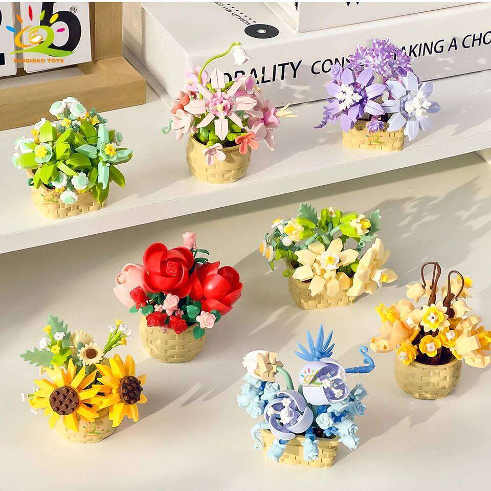 HUIQIBAO MOC Bouquet Potted Plant Micro Building Blocks Eternal Flower Model DIY Home Desk Decoration Brick Toy For Children Z260306
