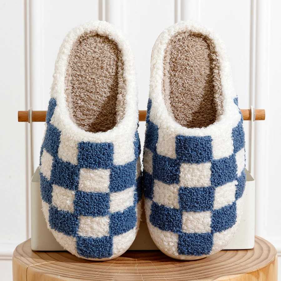 Fashion Retro Checker Womens Winter Warm Home Slippers Couple Indoor Bedroom Plush Anti-slip Soft Sole Leisure Shoes Men S260305
