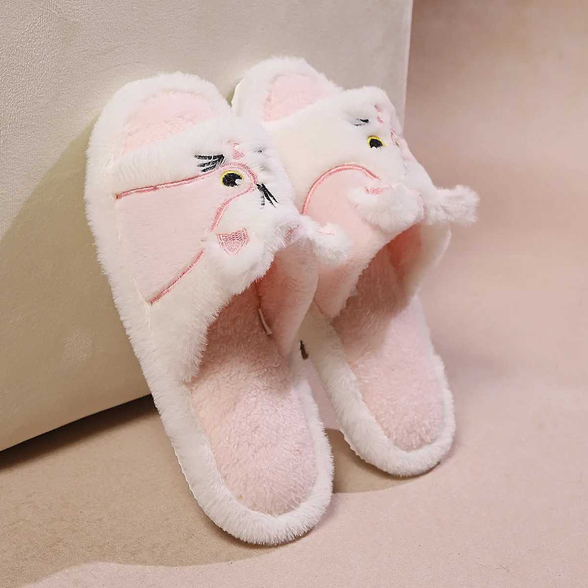 Women Indoor Fluffy Slippers Warm Faux Fur Open Toe Home Floor Shoes Cute Cat Style Plus Size Couples House Floor Slides S260305