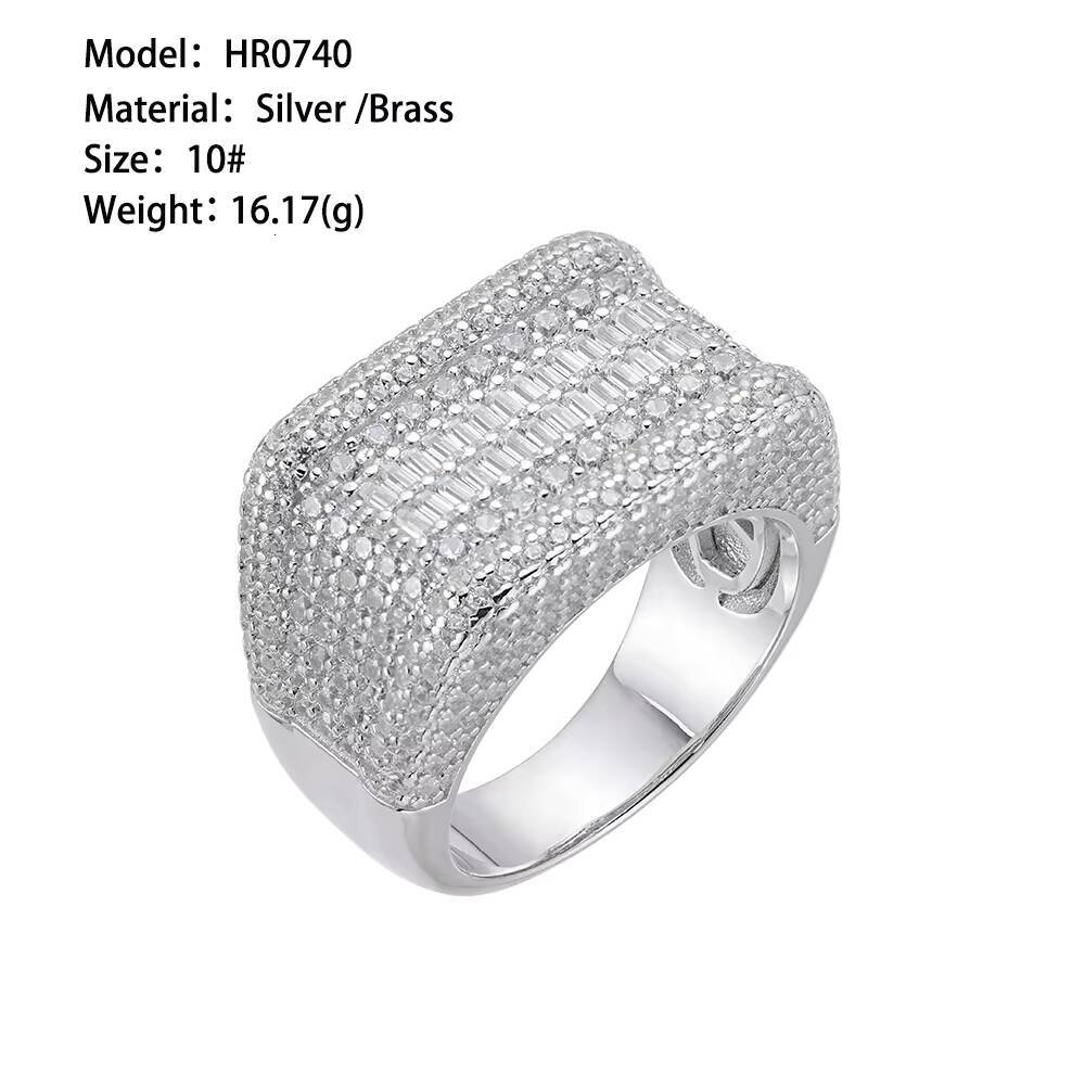 Hip Hop Fully Jewelry Iced Out Round Baguette VVS Moissanite Diamond 925 Sterling Silver Finger Square Ring for Mens