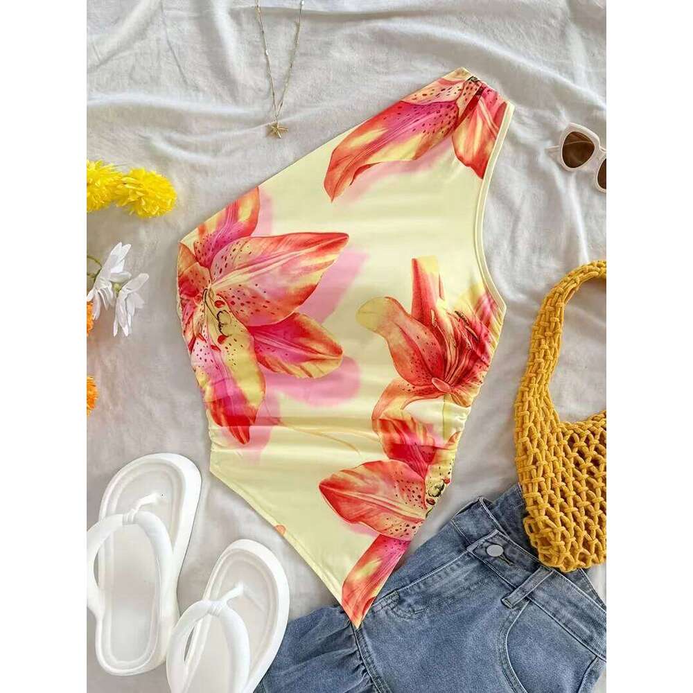 Short top, women's red printed one shoulder asymmetrical - sleeveless, ruffled hem, summer fashion top