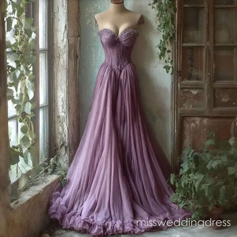 2026 Fantasy Princess Prom Dresses Ruffles Pleats A-Line Long Dusty Purple Tulle Evening Gown Sweetheart Sleeveless Reception Dress