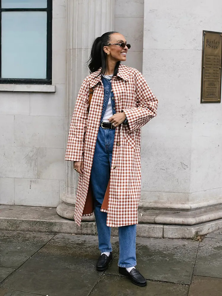 Female Plaid Long Windbreaker Fashion Chic Lapel Single Breasted Pocket Loose Jackets Lady Daily Commuting Street Outerwear 260228