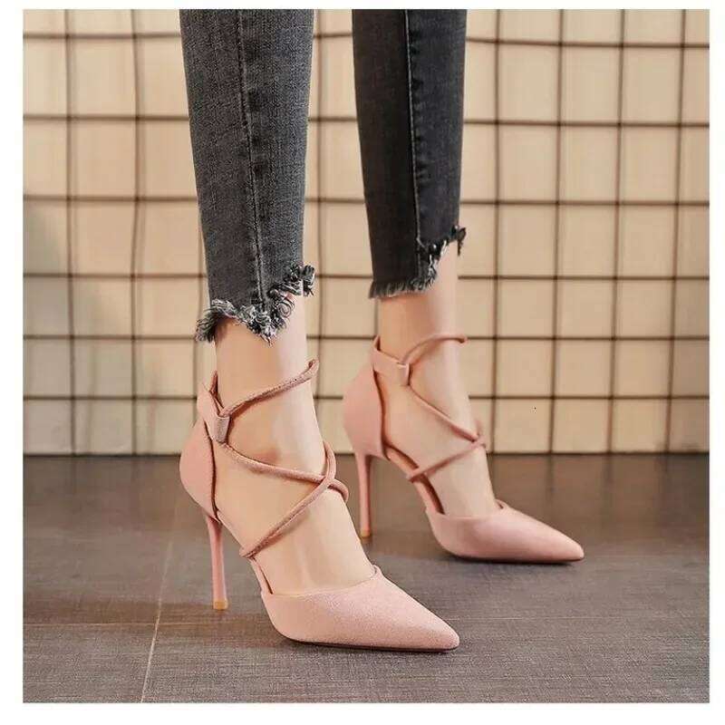 2024 New Cross-strap Roman Suede High Heels Women's Shoes One-line Buckle Fine Heel Pointed Sandals Zapatos De Mujer