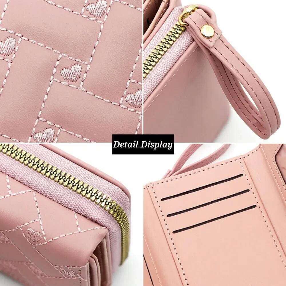 1Pc Fashion Embroidered Heart-Shaped Short Wallet, Heart Pattern Stitch Detail Coin Purse, Daily PU Leather Zipper Small Wallet C260304