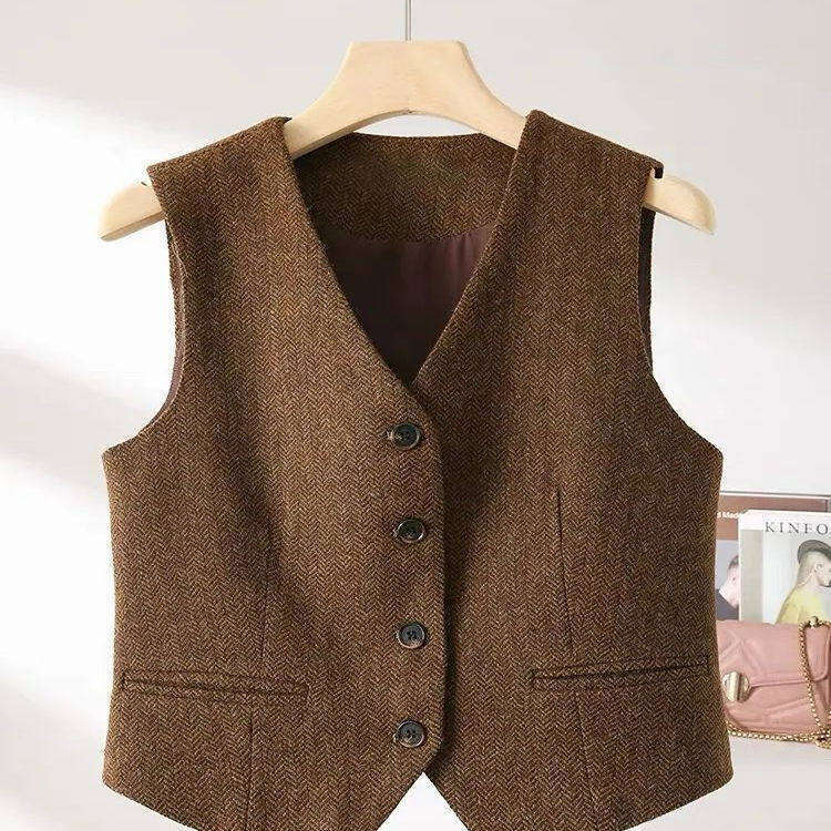 Designer 2026 Spring/Summer New Layered British Style Vintage Herringbone Pattern Women's V-Neck Vest Without Padding A10484