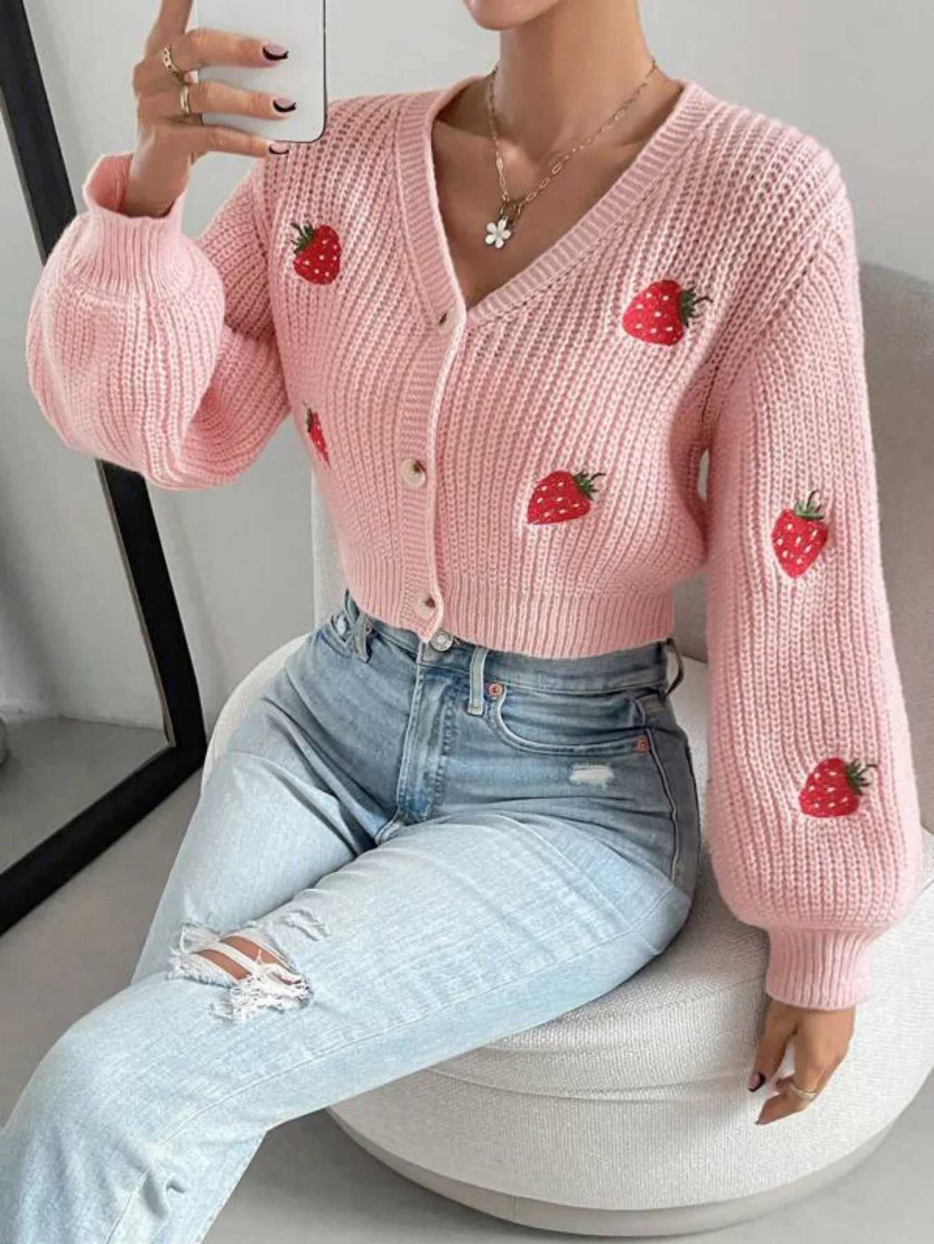 Womens Pink Strawberry Embroidered Button Front Crop Knit Cardigan Casual Long Sleeve Slim Fit Outerwear M260306