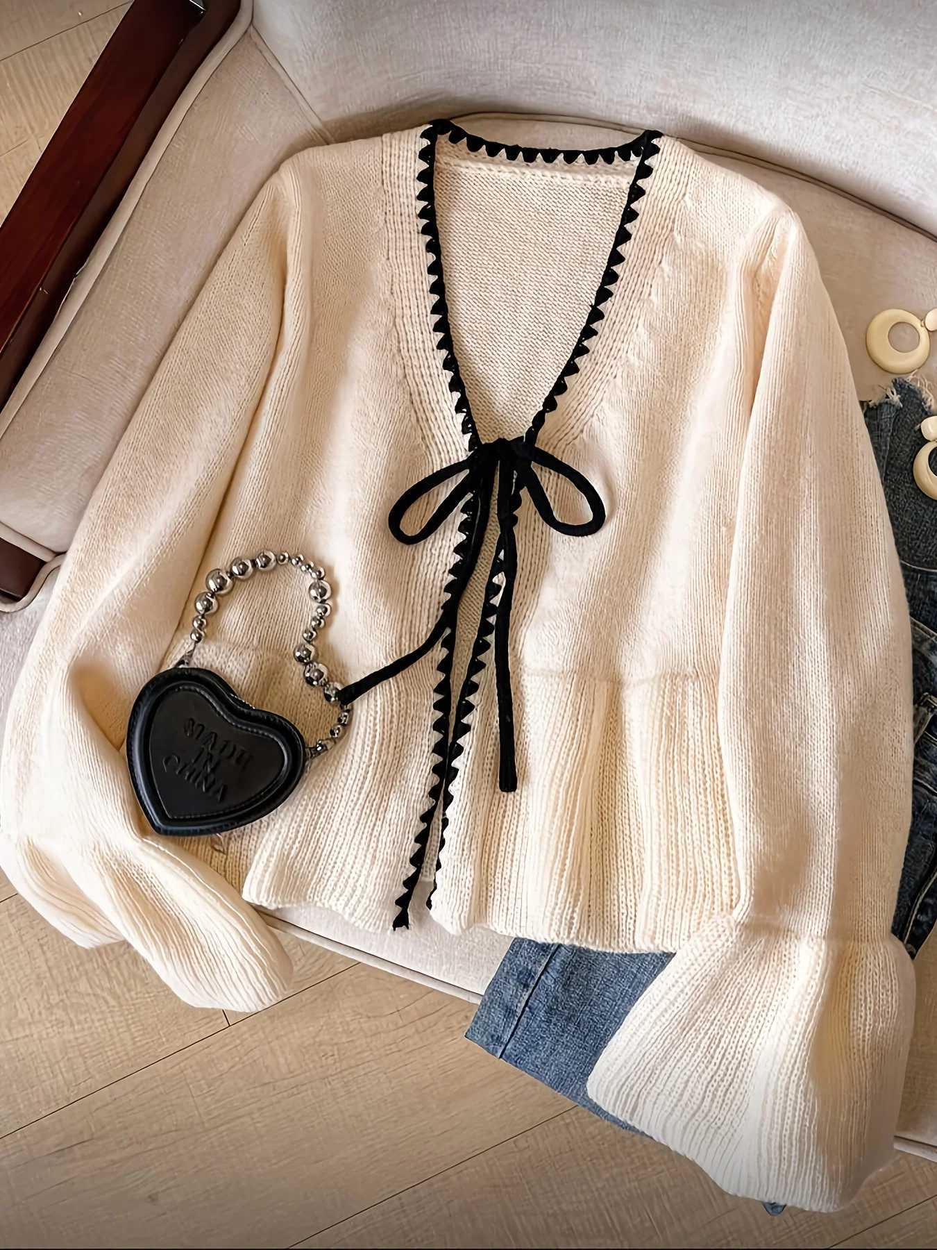 European American womens autumn and winter knitted cardigan lace-up sweater coat solid color loose long-sleeved top jacket M260306