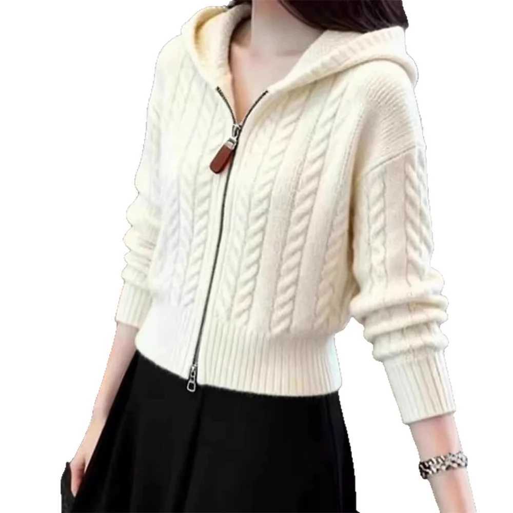 Womens Fashion Knitted Zipper Hooded Cardigan Sweater Jackets Spring Autumn Winter Korean Style Twist Sweater Cardigans Clothes M260306